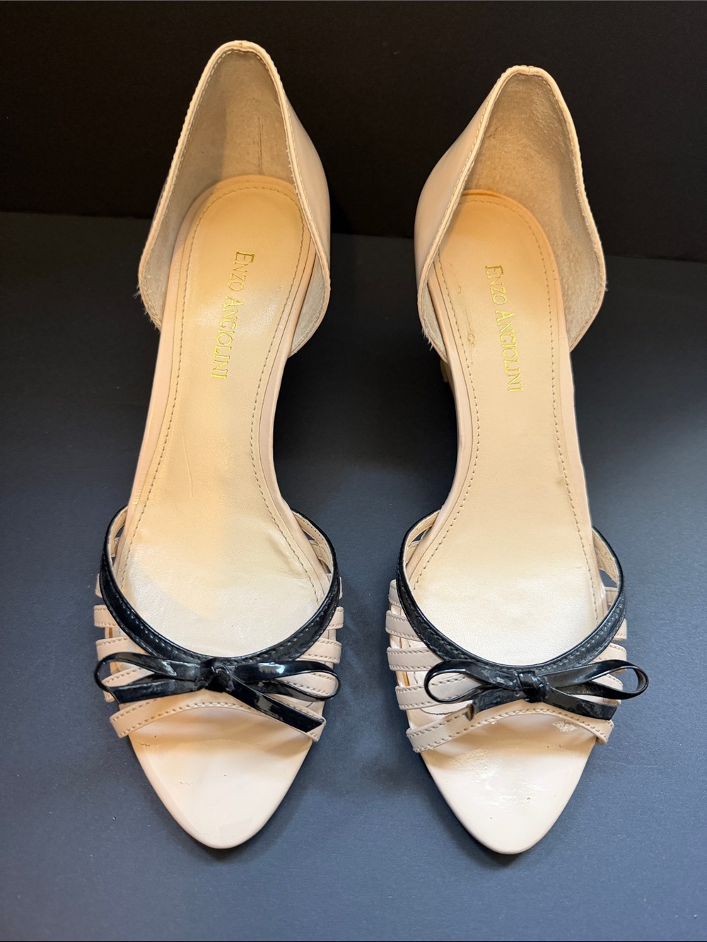 Enzo Angiolini Nude and Black D'Orsay Bow Wedges